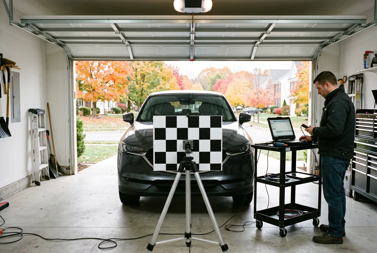 ADAS camera calibration target set up in a Bowie garage