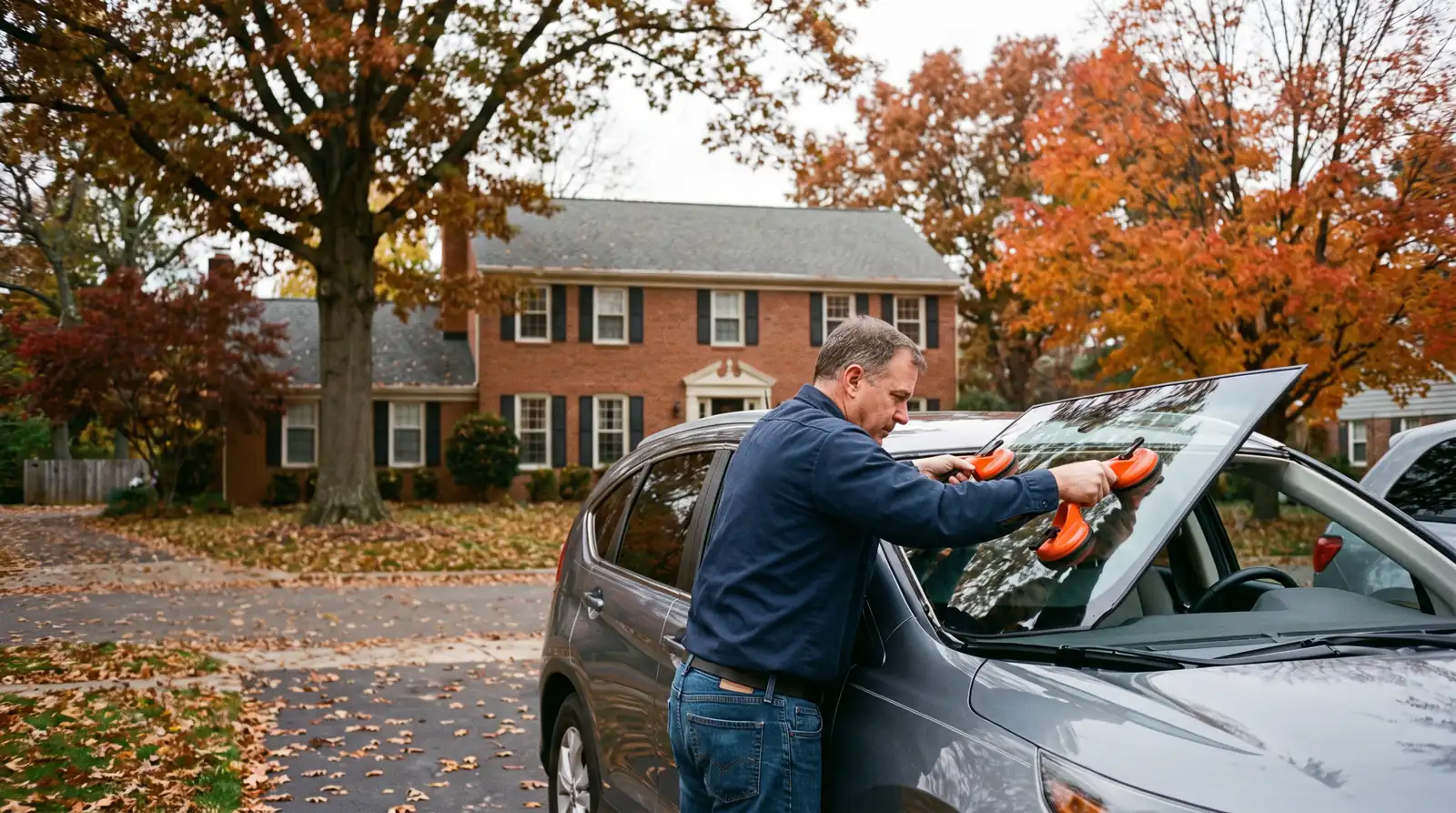Technician installing a new windshield on an SUV in a Bowie, MD driveway