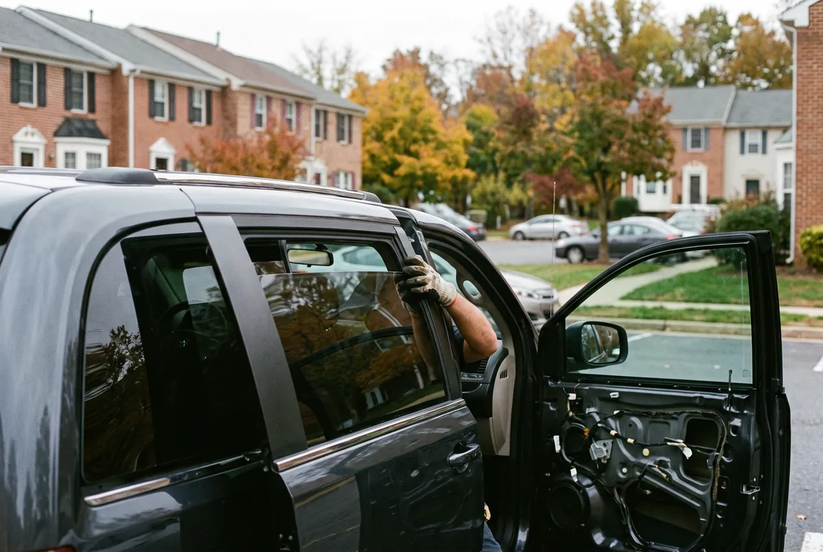 Technician replacing a minivan door window in a Bowie townhouse lot