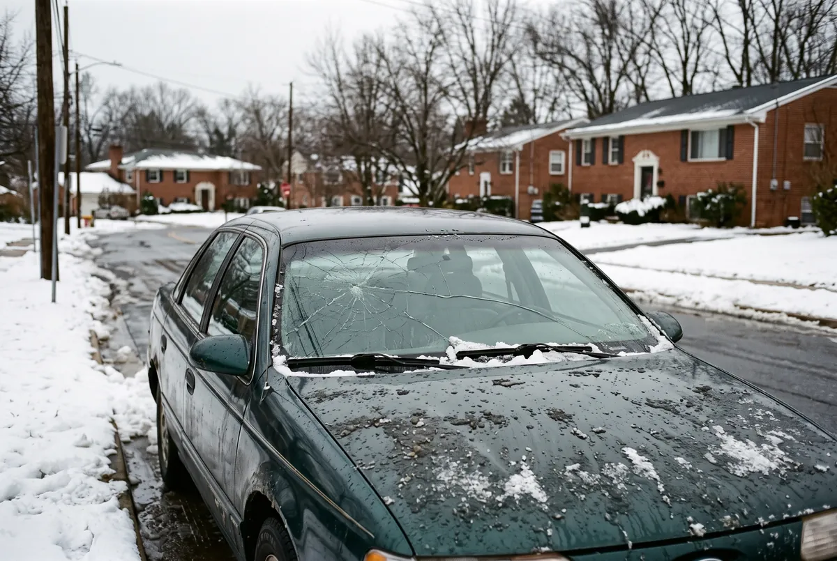 Cracked windshield on a car parked on a snowy Bowie street