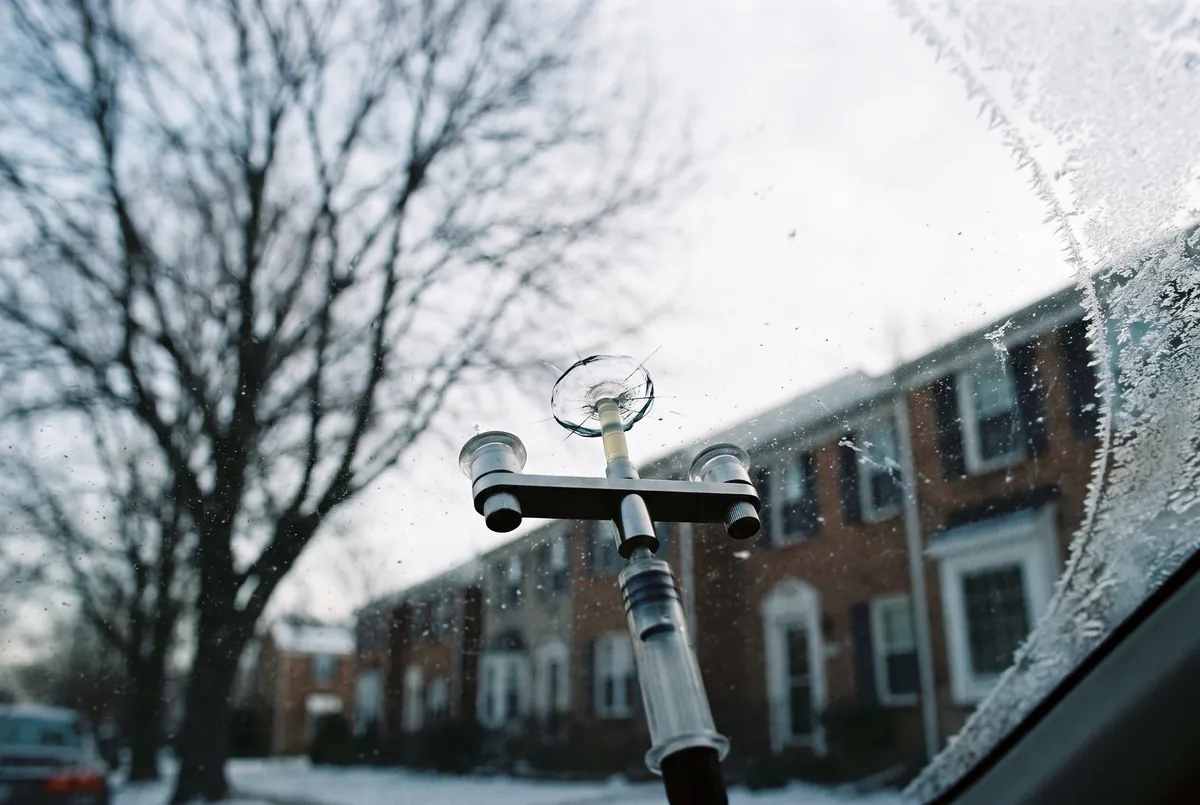 Windshield chip repair tool on a frosty windshield in Bowie, MD